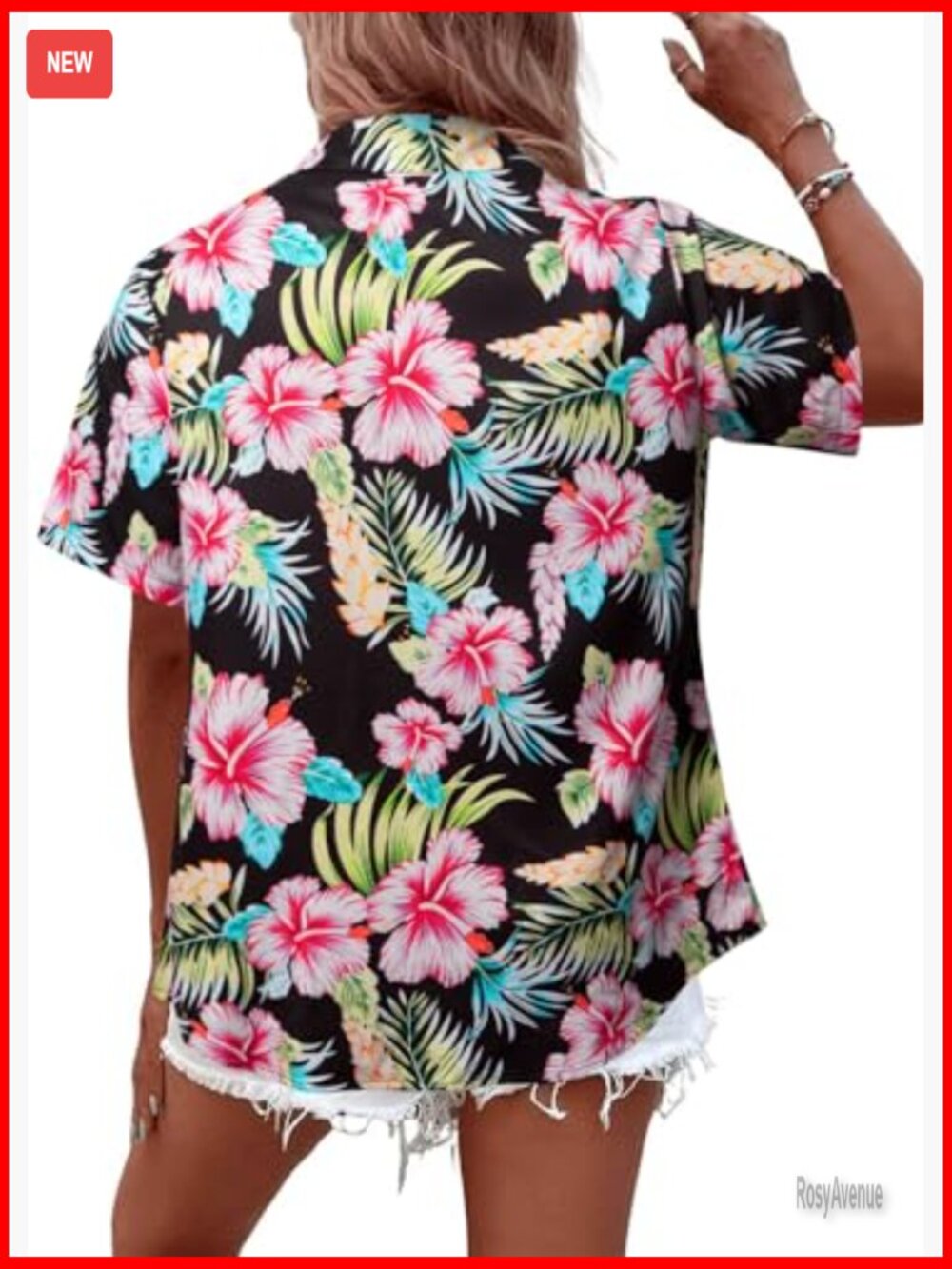 Women's Hawaiian Floral V-Neck Button Down T-Shirt Short Sleeve Summer Top - Picture 6 of 7
